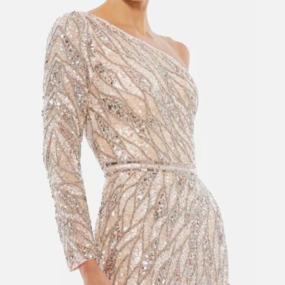 MAC DUGGAL 4982 EMBELLISHED ONE SLEEVE W/ SEQUIN BELT ROSE GOLD GOWN sz 12 - Picture 2 of 3